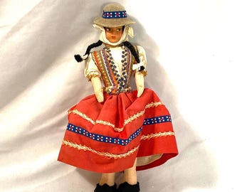 South America Peruvian Doll in Native Traditional Folk Costume Handmade Dress and Wool Felt Hat and Shoes Peruvian Doll Made in Peru