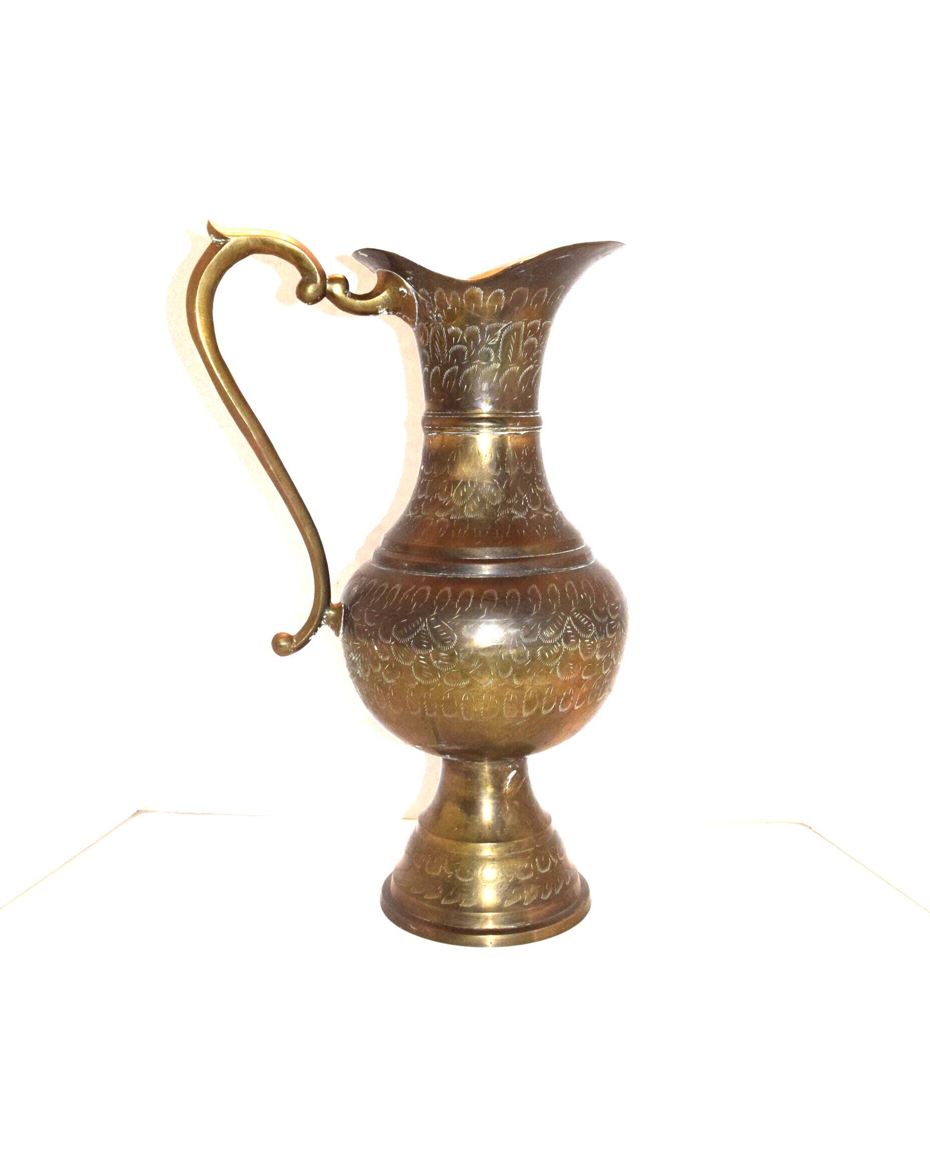 Monumental Brass Ewer Etched Pitcher Collectible Large Standing Jug Floor Vase Decorative W Handle 20" Tall Stand