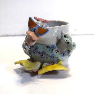 Whimsical Duck Bowl, Whimsical Ceramic Duck Holding a Friend in an Inner Tube, Fun Sugar Bowl or Planter Décor Duck in a Pool