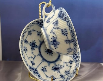 Rare Royal Copenhagen Denmark Tea Cup and Saucer White and Blue Fluted Half Lace 525 656 Tea Cup and Saucer Set