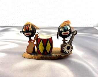 1950s Primitive Islanders Musical Theme Band Ethnic Drummer Bongo and Guitarist  Banjo Musicians Ethnographic Hand Made Boho Home Décor