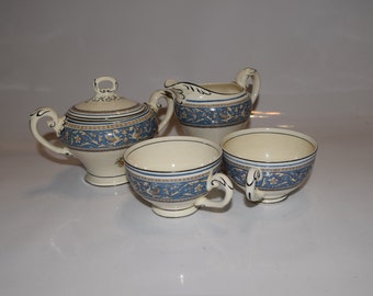 Staffordshire England Medici Griffins Turquoise by Myott Staffordshire Porcelain Lidded Sugar Bowl & Creamer and 2 Tea Cups SOLD SEPARATELY