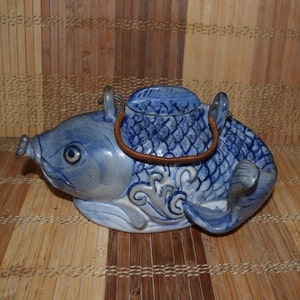 Koi Fish Shaped Asian Chinese Lucky Koi Fish Blue Hand Painted Fish Teapot  With Wicker Handle