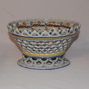 Portuguese Carvalhinho Porto Basket Reticulated Footed Lattice Basket 1950s Reticulated Pedestal Container Hand Painted Ceramic Cottage Deco