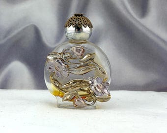 Ornate Art Nouveau Style Miniature Filigree Glass Perfume Bottle Encrusted Metal Flower Vanity Decor