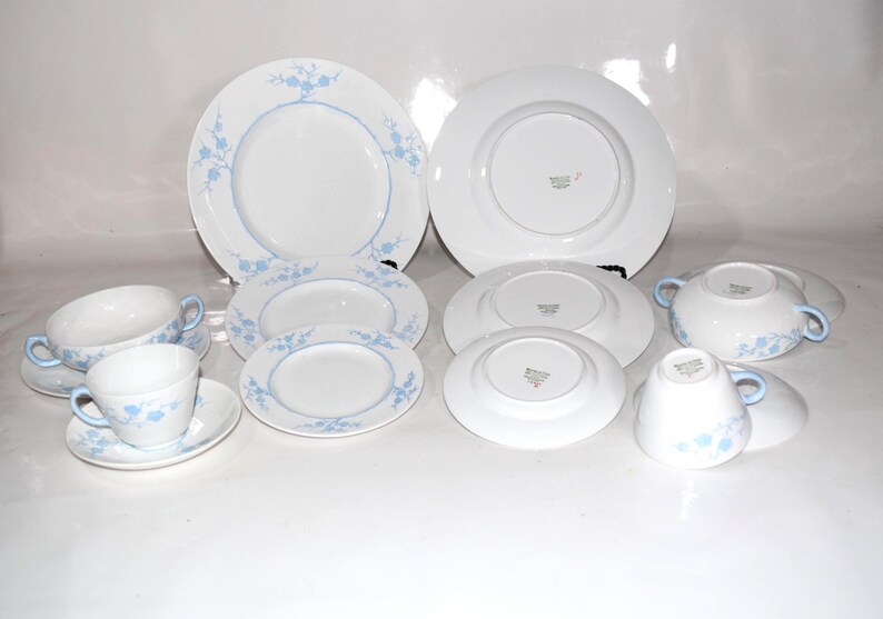 Pu&ograve; includere: Una collezione di stoviglie in porcellana bianca con un motivo floreale azzurro. Il set comprende piatti di varie dimensioni, zuppiere, tazze e piattini. I piatti e le ciotole hanno un bordo floreale blu.