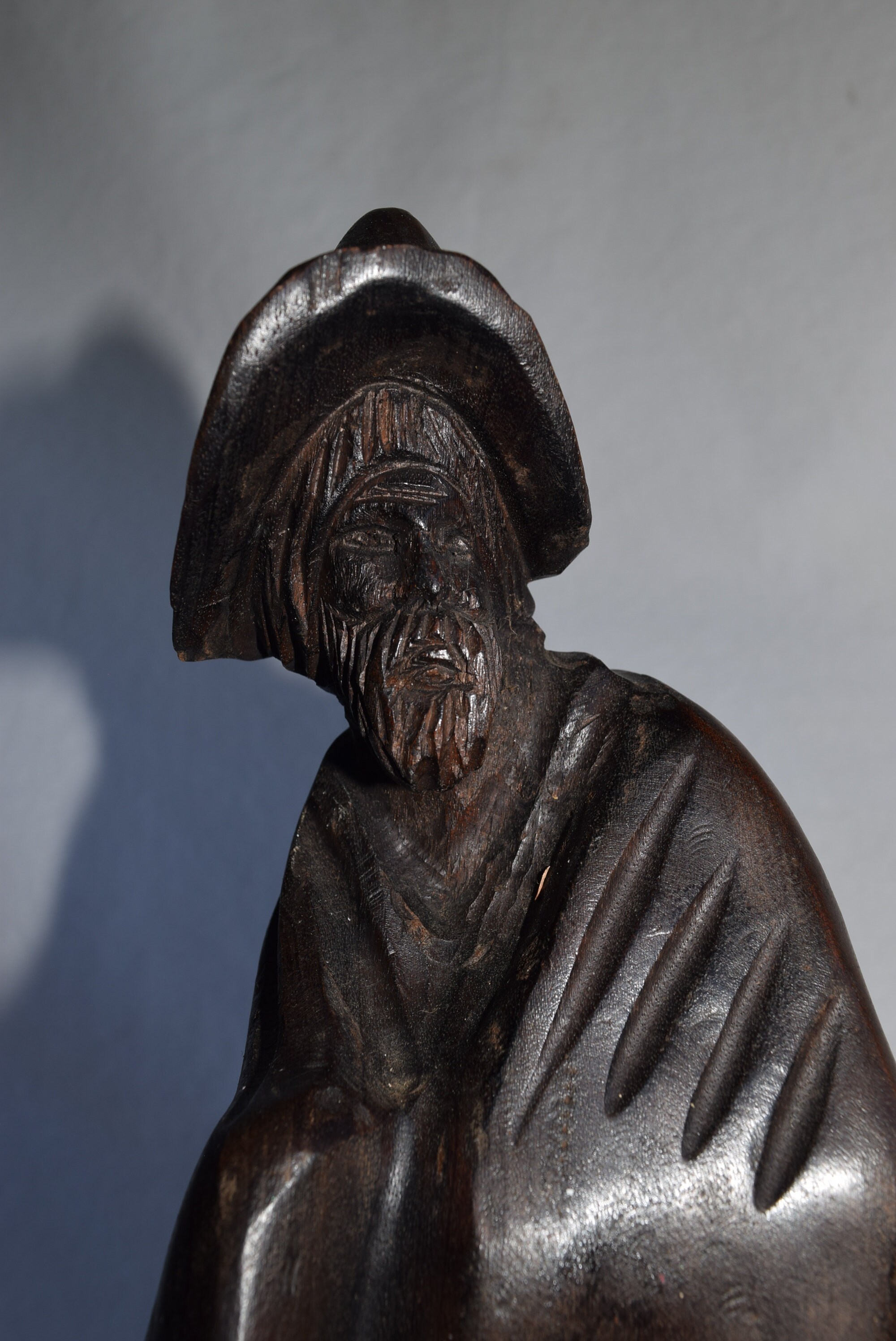 Large Fine Old Folk Art Bearded Old Caped Man Walking Barefoot Hand Carved Wood Art Sculpture 14.5" Old