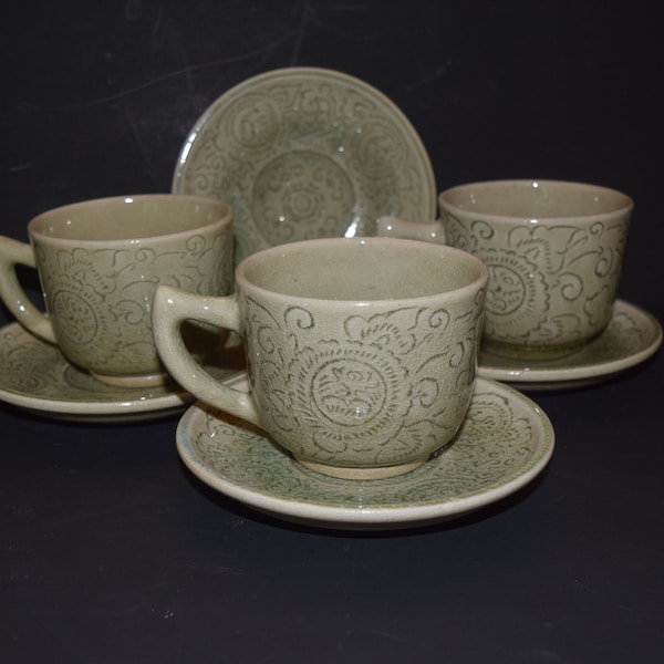 Siam Celadon Green Cups, Mugs, Made In Thailand Thai Celadon Cup And Saucer Sets Jade Green