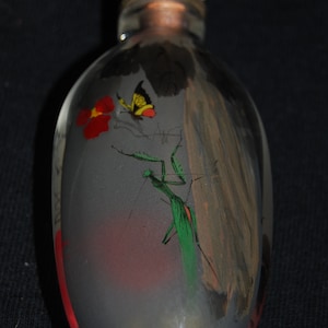 Chinese Snuff Bottle Reverse Painted Insects Jeweled Cap w Silver Spoon Peking Glass Asian Perfume hand painted Oriental Collectible