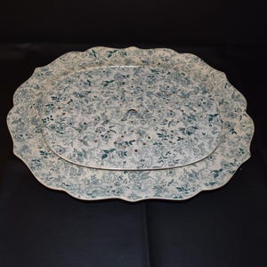 Rare Antique 1800s Century Chintz Floral Transferware Oval Meat Serving Platter w Drain Plate Art Nouveau, Victorian, White Green Ironstone