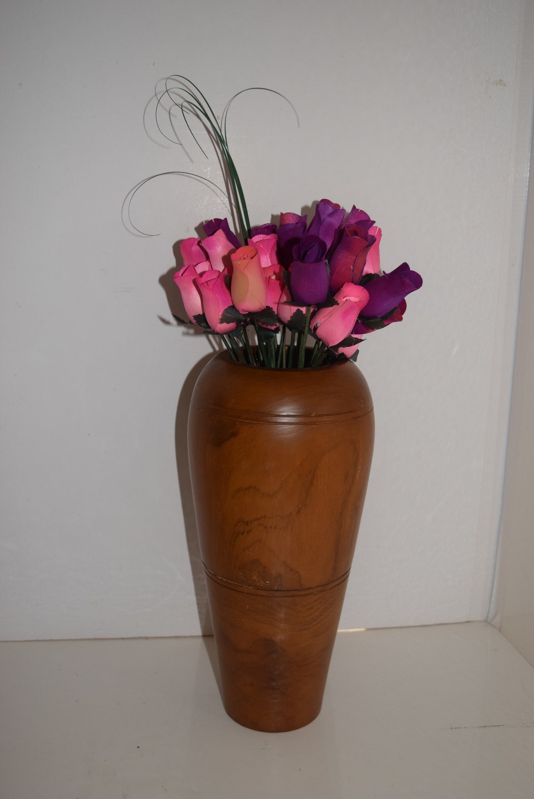 Hand Turned Midcentury Modern Tall Wood Vase Home Decor Solid Teak or