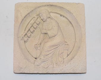 Art Deco Relief Wall Sculpture Woman Playing Bells Heavy Concrete 3D Bas Relief Architectural Insert Sculpture Plaque Garden Ornaments