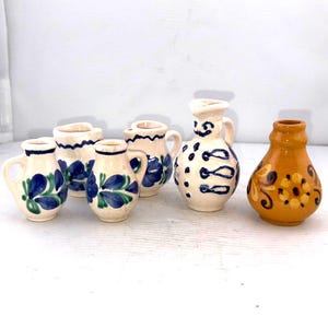 Vintage Cobalt Blue and Green Spanish Fajalauza Design Stoneware Miniature Pitcher French Gres d'Alsace, Ceramic Mini Jug Granada Pottery