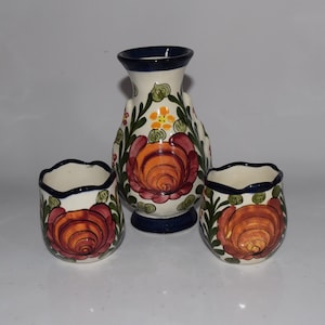Carafe and 2 Cups Espresso / Sake or Brandy Hand Painted in Honduras Floral Motif Beverage Decanter Arte Giancarlo Honduras Pintado A Mao