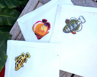 Beachcomber Hemstitched Linen Dinner with Various Tropical Fish Embroidery Hemstitch Hand Embroidery Napkins Sea Life