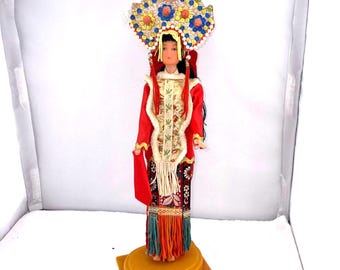 Antique Myanmar or Chinese Bride Hard Sculpture Doll 1960 Folk Art Collectable Souvenir Doll