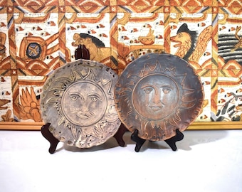 Vintage Art Pottery Sun Smiling Face, Raku Design, Sun Plate Bowls Raku Art Pottery Sun Plate Smiling Face, Scallop Edge SOLD SEPERATELY