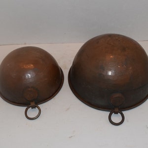 18th Century French Riveted Hanging Ring, Simple Round Half Sphere Shaped Copper Baking Mold Form Jello Jelly Molds, Mixing Bowls Display