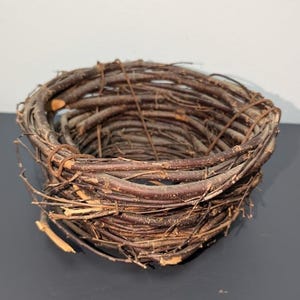 May include: A brown twig nest, woven into a circular shape, with a slightly uneven texture. The nest is made of natural materials and has a rustic appearance.