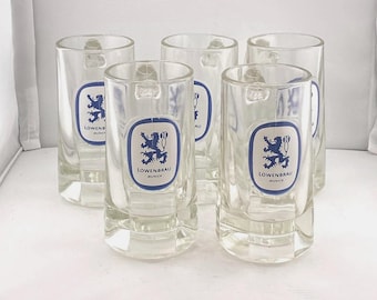 Barware Collectible 5 Advertising Lowenbrau Munich Pilsner Blue Graphic Iconic Graphics Vintage 1960 Beer Mugs Lowenbrau Handled Glasses