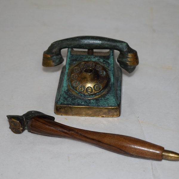 Verdigris Brass TEL-O-PEN  Vtg Miniature Rotary Telephone Desktop Phone Pen / Pencil Holder