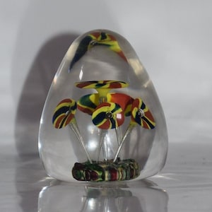 Midcentury Italian Murano Handblown Art Glass Paperweight White  Blue Flowers Fratelli Toso Art Glass Flower Crystal Mushroom Floral Motif
