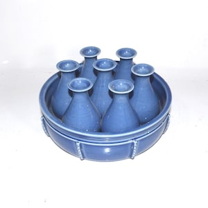 Multi 7 Sections Vase, Connected Ceramic 7 Bud Vases Wreath of Vases Joined Blue Grouped Clustered Vases White Unique Style