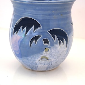Candle Holder w/ Cutout Palm Tree and Seagulls  Colby Clayworks Florida Blue Pottery Signed Cutout Luminary Candle Holder Beach Theme