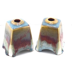 Set of 2 Matching Slab-Build Drip Glaze Candleholder or Bub Vase Art Studio Ceramic Flambe Glazed Porcelain Pottery Signed Unknown Artist