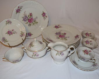 Walbrzych Porcelain China Made in Poland Embossed White Pink & Purple Roses Sugar, Creamer Tea Cup Dinner or Dessert Plates SOLD SEPARATELY