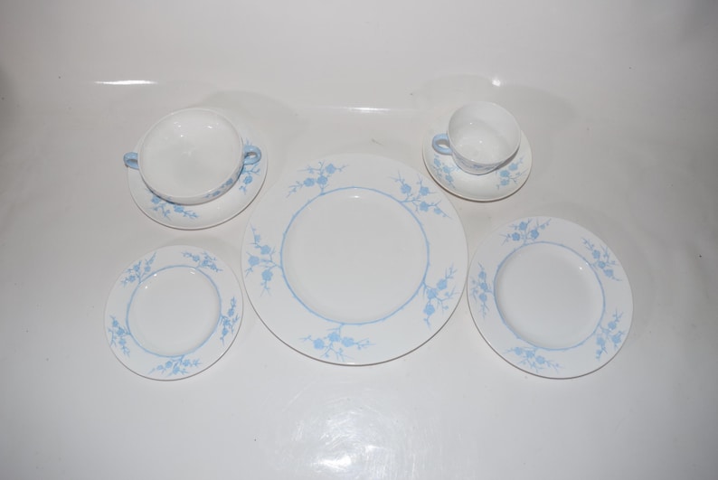 Pu&ograve; includere: Un servizio da t&egrave; in porcellana bianca con un motivo floreale azzurro. Il set comprende una zuppiera, una tazza da t&egrave; con piattino e tre piatti di diverse dimensioni. Il motivo floreale &egrave; ripetuto su ogni pezzo.