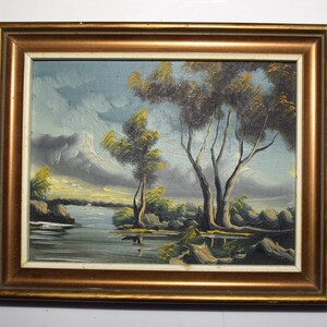 Op de afbeelding: Olieverfschilderij van een landschap met een rivier, bomen en bergen. Het schilderij zit in een goudkleurige lijst. De lucht is een mix van blauw en grijs, en de bomen hebben groene en bruine bladeren.