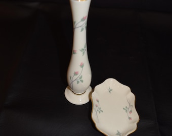 Lenox Retired 1985 - 1999 Rose Manor Pink Collection Metropolitan Pink Rose Bud Vase (SOLD) Matching Ashtray or as a Ring Dish Trinket Bowl