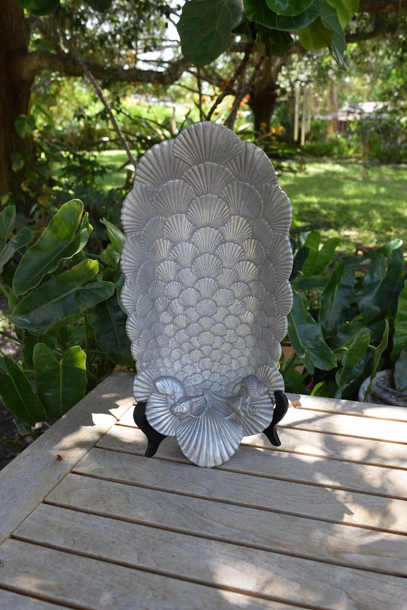 Arthur Court Aluminium Oval Bowl Seashell Motif Ocean Theme Shell Design  Serving Platter Silver Fish Bowl for Clam Boil Nautical Cook Out