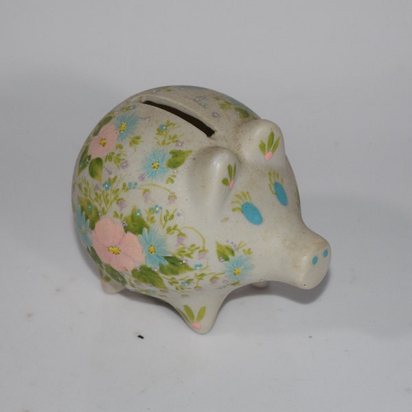 Small Long Snout Piglet Handpainted Floral Pig Vintage Pottery Porcelain Piggy Coin Bank Hand-Painted Flowers Signed by ArtistA. Spinny