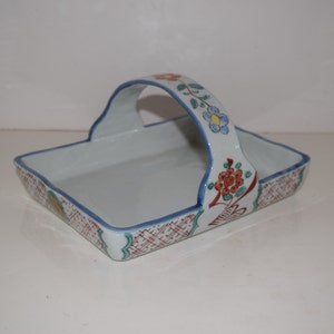 Fitz & Floyd Camellia Design Ceramic Handled Basket Asian Flair with Floral Motif Rectangular Basket with Handle