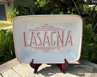 1977 Saltera Himark Japan Gourmet Kitchen Mod Retro Red On White Lasagna Dish Pan LASAGNA Rectangle Baking Casserole Serving Dish