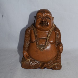 Hand Carved Wooden Buddha Statue Figure Laughing Happy Buddha Statue Smiling Sitting Sculpture Handmade Figurine Handcrafted Asian Art