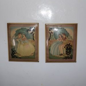 Pair of Victorian Edwardian THE COURTSHIP Copa S. Colef Print under Bubble Glass Reverse Painted Convex Framed Silhouette Pictures Set of 2