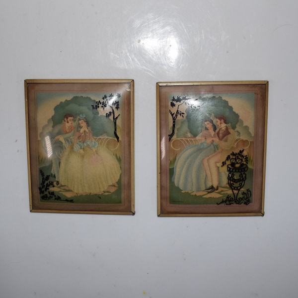 Pair of Victorian Edwardian THE COURTSHIP Copa S. Colef Print under Bubble Glass Reverse Painted Convex Framed Silhouette Pictures Set of 2