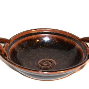 Handmade Hand Thrown Blue/Earthtones Glazed Pottery Bowl with Handles – Signed Stoneware Bowl with Handles Imprint with Asian Marker Mark