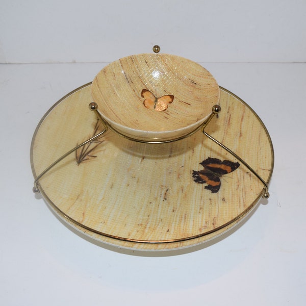 Superb Mid-Century Modern Chips & Dip Server Foil Threads 1950's Fiberglass Set Butterfly Bowl