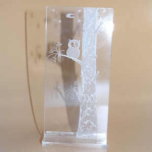 May include: Clear acrylic panel featuring an etched design of an owl perched on a tree branch. The tree trunk and branches are detailed with etched lines, and the background includes stars and a crescent moon. The base of the panel is rectangular.