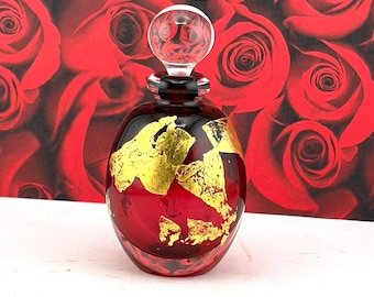 Roger Gandelman Bulbous Hand-Blown Gold Foil Studio Art Glass Signed Perfume Bottle 22k Gold Leaf Crystal Jewel-toned Metallic-infuse Vessel