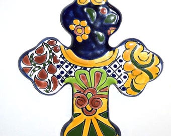 One of a kind Cross Mexican Talavera Crystal Glass Burning Heart Art Pottery Floral Ceramic Dotted Jesus Crucifix Religious