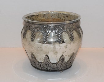 Pottery Barn Madeline Decor Piece Filigree Silverplate Metal Casing Over Mercury Style Glass Decorative Jar Vase, Mercury Glass Metal Vase