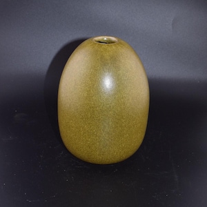 May include: A speckled, olive-green ceramic vase with a rounded, egg-like shape. The vase has a small opening at the top and a smooth, glossy finish. The background is a dark gray.