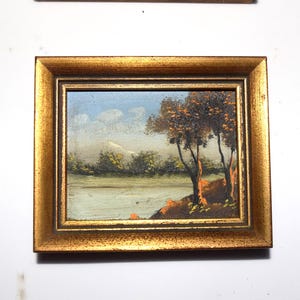 Op de afbeelding: Kleine ingelijste landschapsschilderij met een goudkleurige lijst. De schildering toont een serene sc&egrave;ne met een rivier, bomen en een bergketen onder een blauwe lucht met wolken. Het kunstwerk is waarschijnlijk een olieverfschilderij.