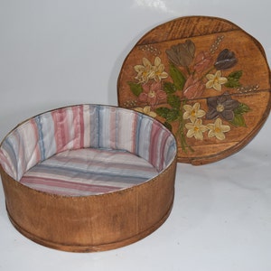 Wood Round Bentwood Cheese Barrel Pantry Box Painted Shabby Flowers Large Wood Cheese Box Fabric Lined Storage Farmhouse Decor Craft Sewing