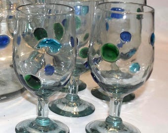 Hand blown Mexican Ice Tea Tumbler Glasses, Blue Rim Applied Confetti Pebbled Tumblers Colored Glass Stones SOLD INDIVIDUALLY